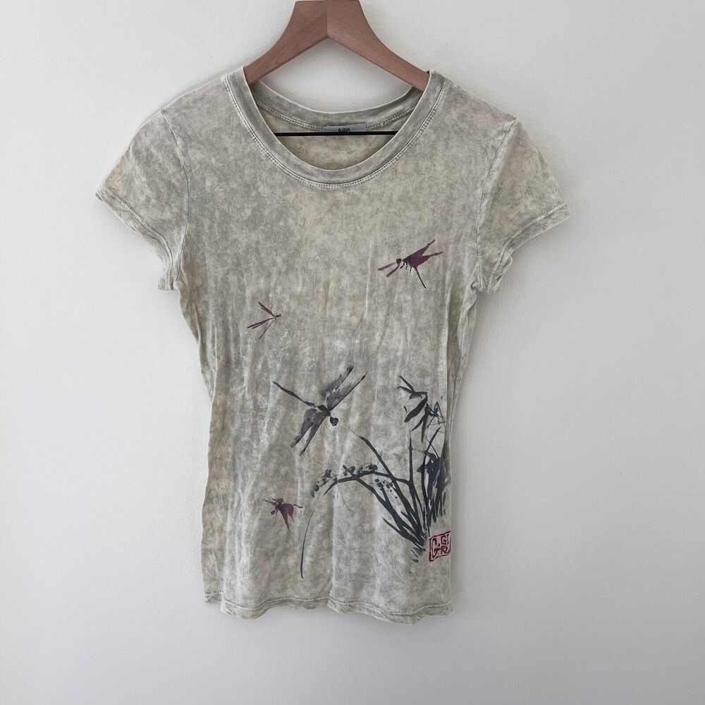 G. Girl Womens Cream Beige 90s Y2K Stretch Short Sleeve T-Shirt Dragonfly Small